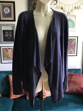 TAHARI size 2X Navy Blue Textured Open Drape Front Linen Blend Cardigan